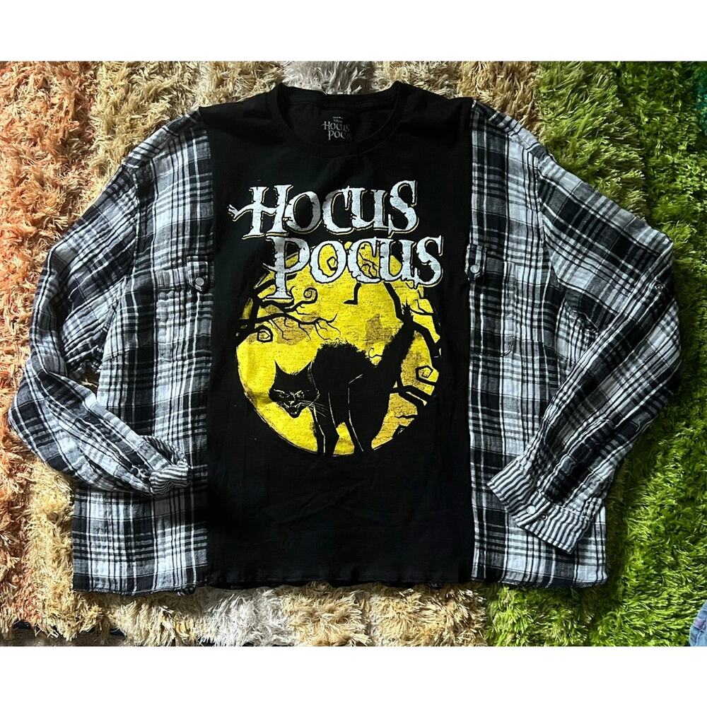 Hocus pocus shirt, plaid long sleeve reworked with tee, upcycled, size XL